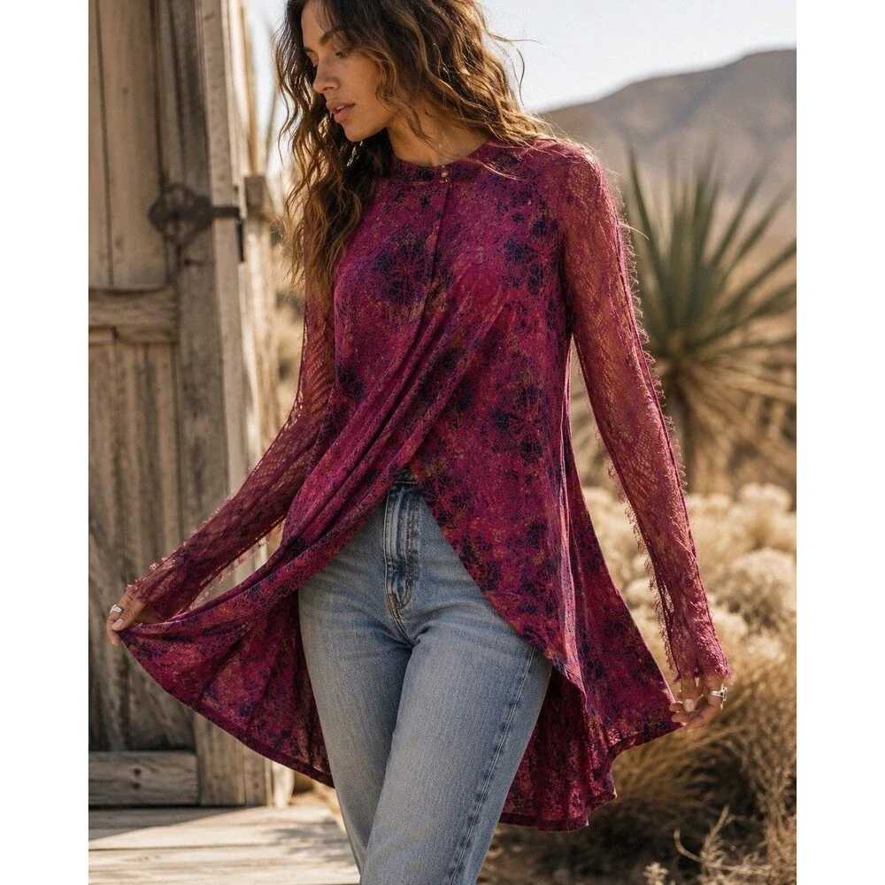 Free People Boho Tunic Top Lace Sleeve Keyhole Back Linen Blend M